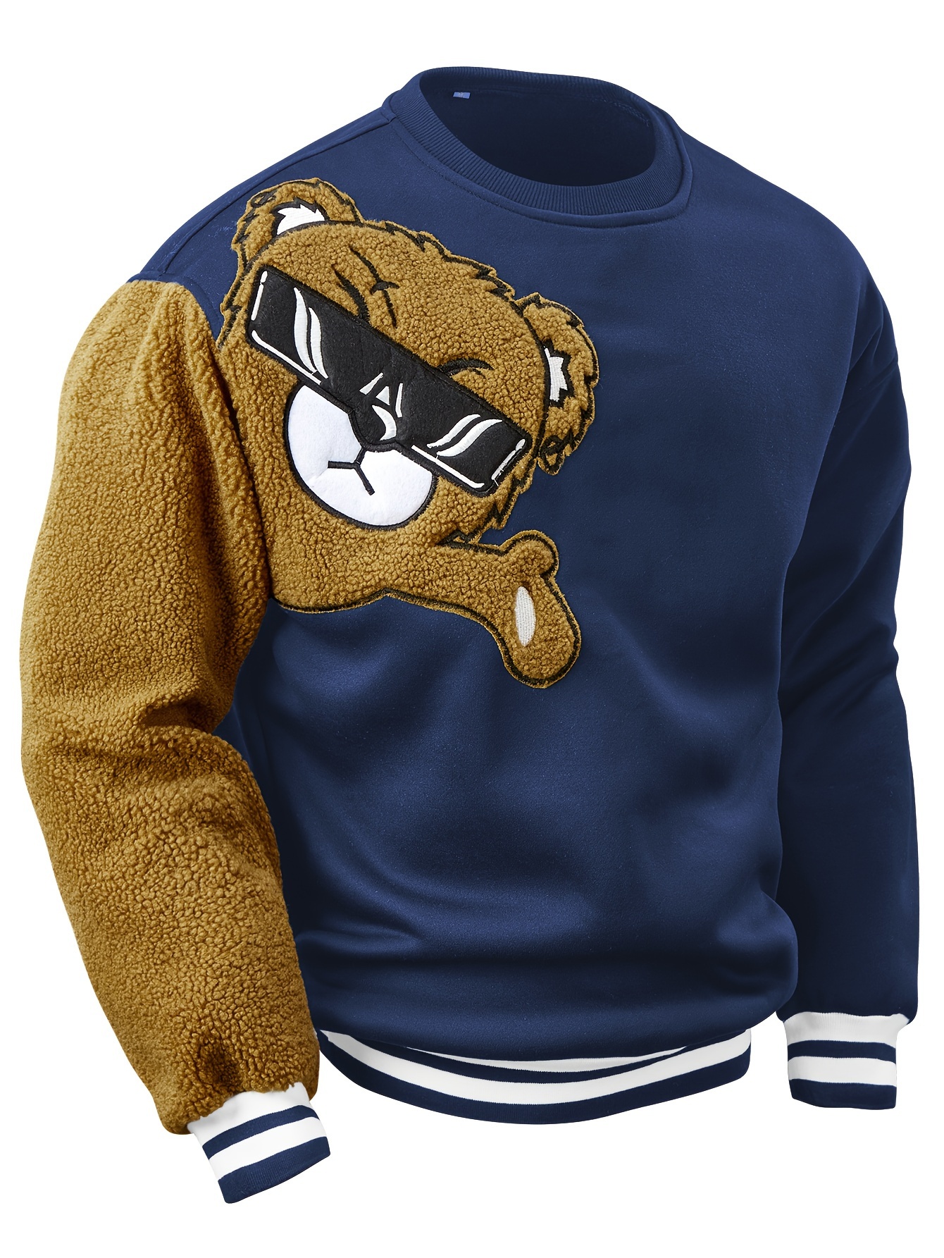 Men's cartoon bear embroidery crew neck sweatshirt loose fit sports tops details 4