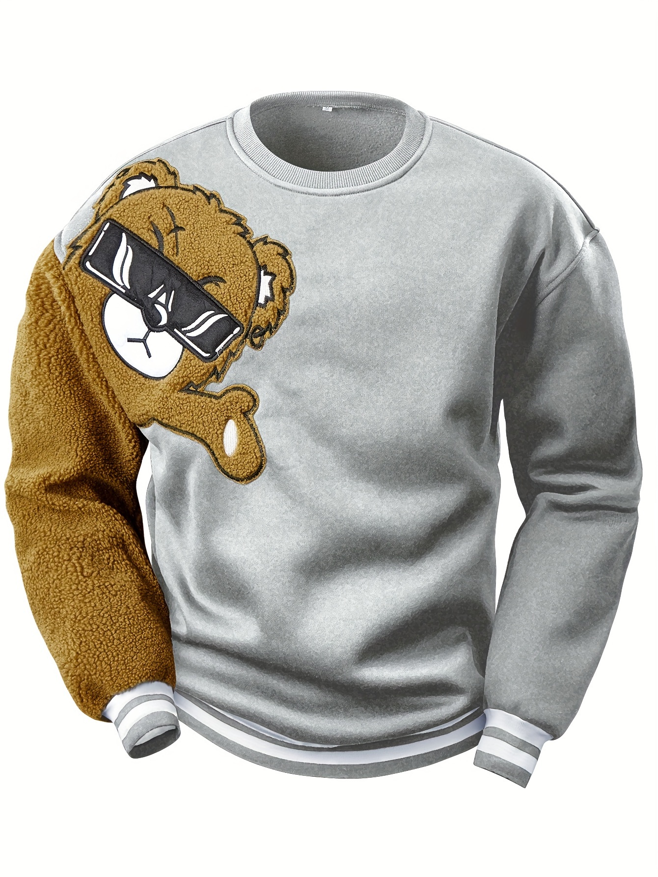 Men's cartoon bear embroidery crew neck sweatshirt loose fit sports tops details 12