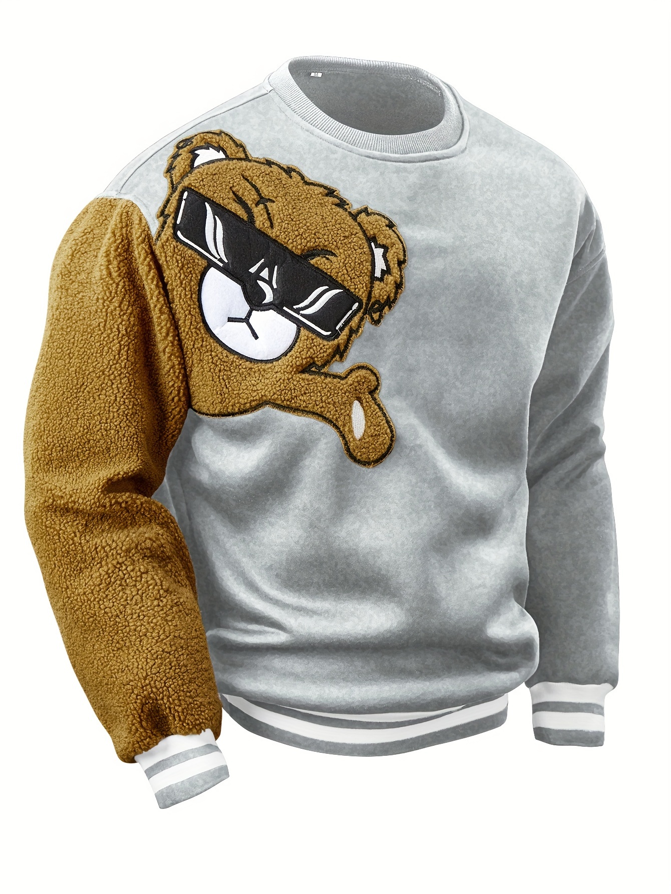 Men's cartoon bear embroidery crew neck sweatshirt loose fit sports tops details 16