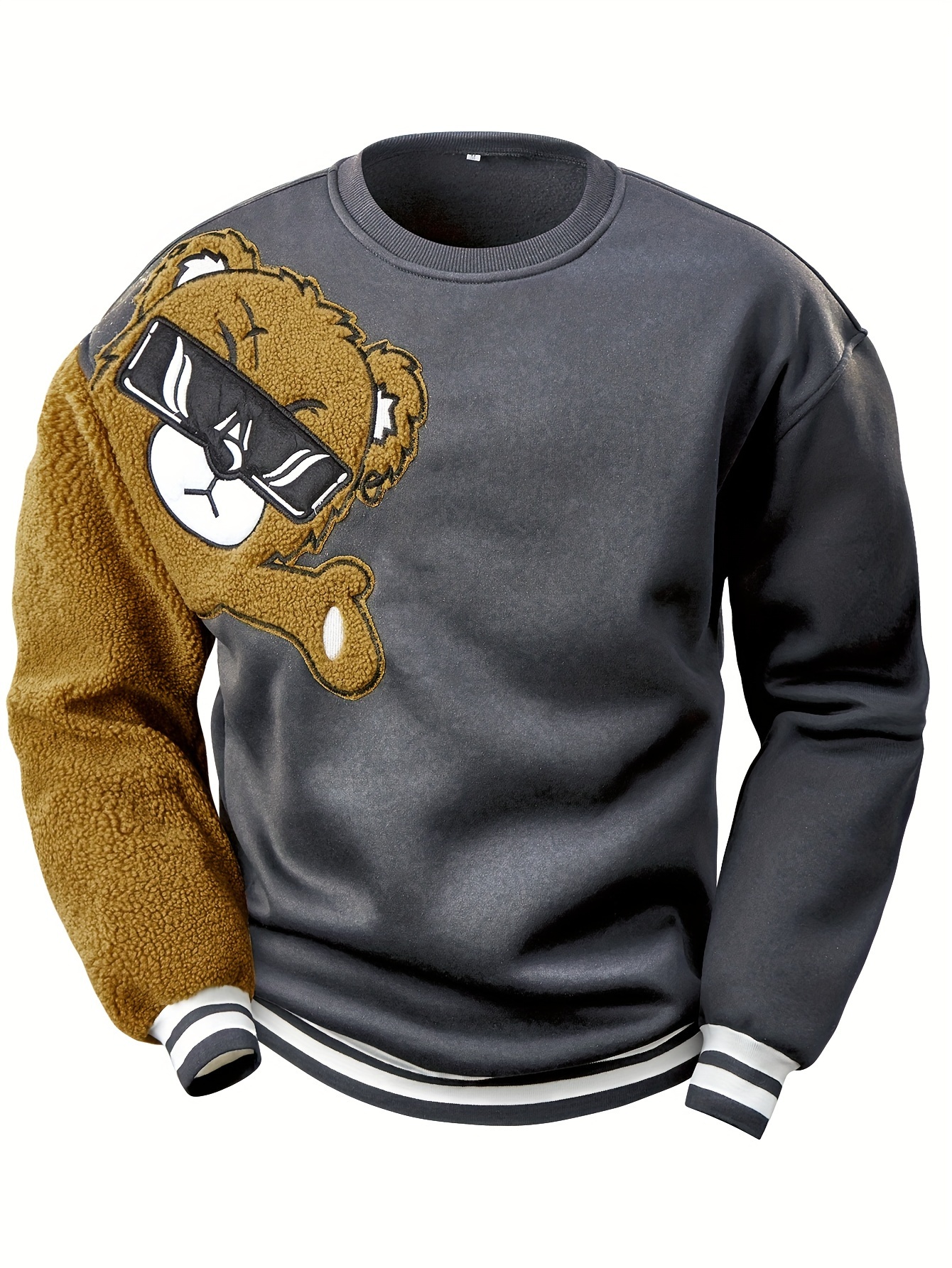 Men's cartoon bear embroidery crew neck sweatshirt loose fit sports tops details 18