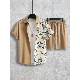 Abstract Painting Print, Men's 2Pcs Outfits, Casual Camp Collar Lapel Button Up Short Sleeve Shirts Hawaiian Shirt And Drawstring Shorts Set For Summer, Men's Clothing