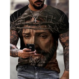 Jesus Print, Men's Graphic Design Crew Neck Active T-shirt, Casual Comfy Tees Tshirts For Summer, Men's Clothing Tops For Daily Gym Workout Running