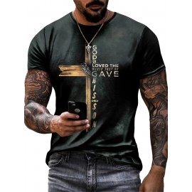 Christian Cross Print, Men's Graphic Design Crew Neck Active T-shirt, Casual Comfy Tees Tshirts For Summer, Men's Clothing Tops For Daily Gym Workout Running, Men's Clothing