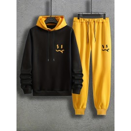 Smile Face Pattern Color Block Print, Men's 2Pcs Outfits, Casual Hoodies Long Sleeve Pullover Hooded Sweatshirt And Sweatpants Joggers Set For Spring Fall, Men's Clothing