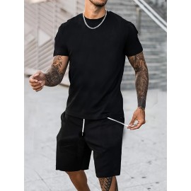 Classic Design Black Solid Top Casual Mid Stretch Short Sleeve Crew Neck Graphic T-shirt, Men's Tee For Summer Outdoor