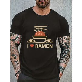 Ramen Lover Pattern Print Men's Comfy Slightly Stretch T-shirt, Graphic Tee Men's Summer Clothes, Men's Casual Outfits For Sports Fitness