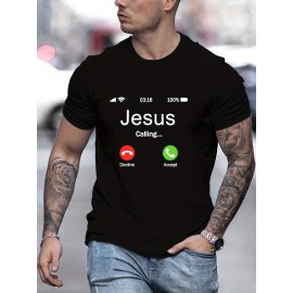 JESUS CALLING Creative Pattern Men's T-shirt For Summer Outdoor, Men's Trendy Crew Neck Tops