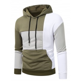 Patchwork Color Block Hoodie With Kangaroo Pocket, Men's Casual Solid Color Slightly Stretch Drawstring Pullover Hooded Sweatshirt For Spring Fall