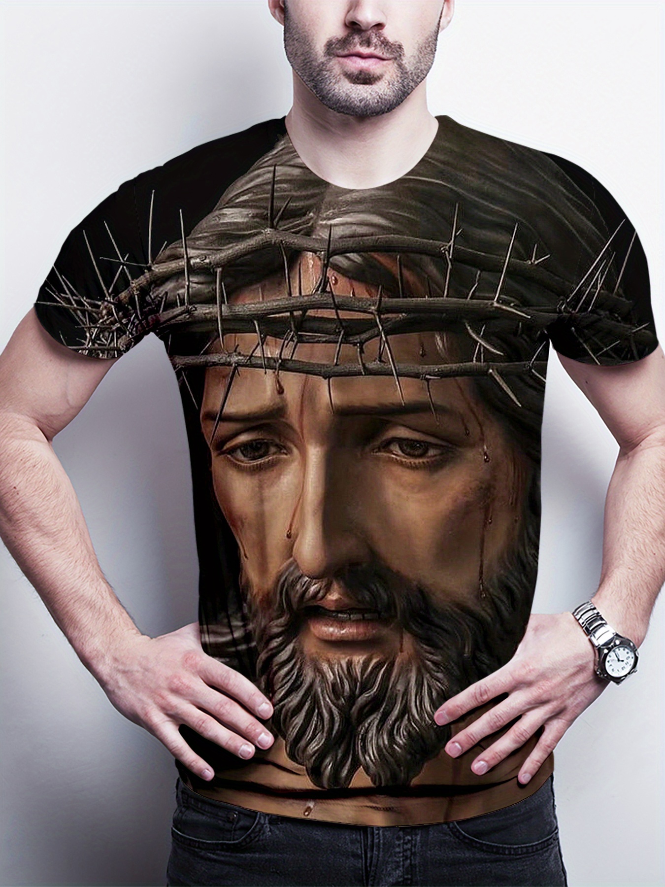 jesus print mens graphic design crew neck active t shirt casual comfy tees tshirts for summer mens clothing tops for daily gym workout running details 3