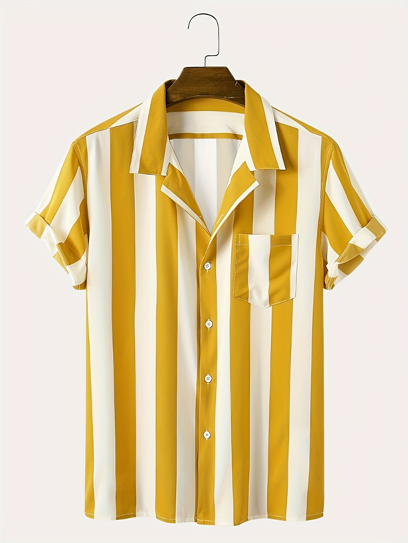 Casual Color Block Striped Men s Short Sleeve Lapel Shirt With Chest Pocket, Summer Resort Vacation details 1