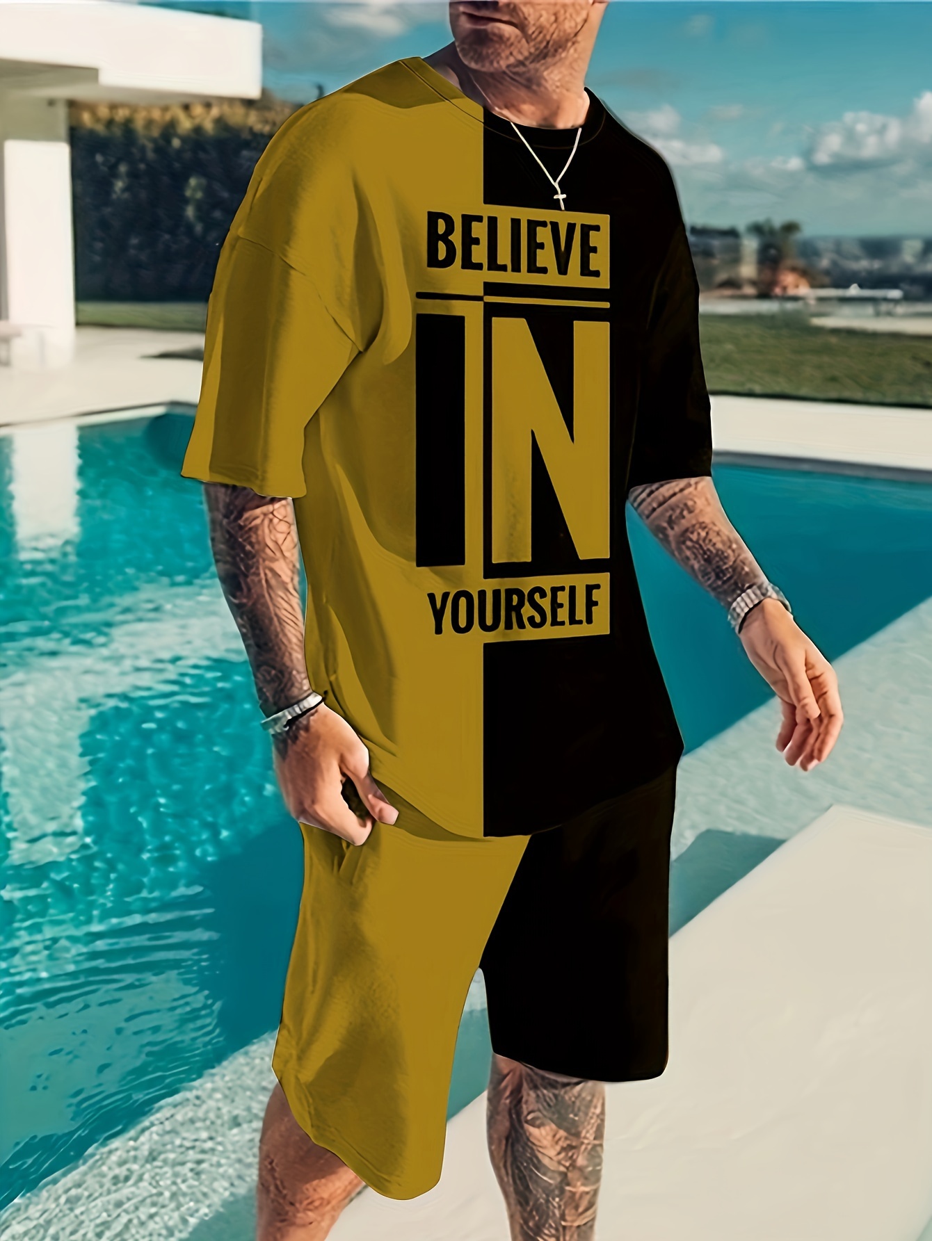 believe in yourself print mens 2pcs outfits casual crew neck short sleeve t shirt and drawstring shorts set for summer mens clothing details 6