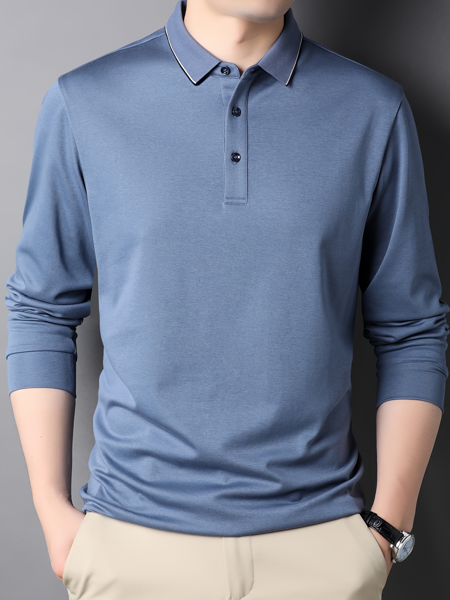 Cotton Blend Men s Casual V-Neck Long Sleeve Rugby Shirt For Spring Autumn, Men s Clothing details 5