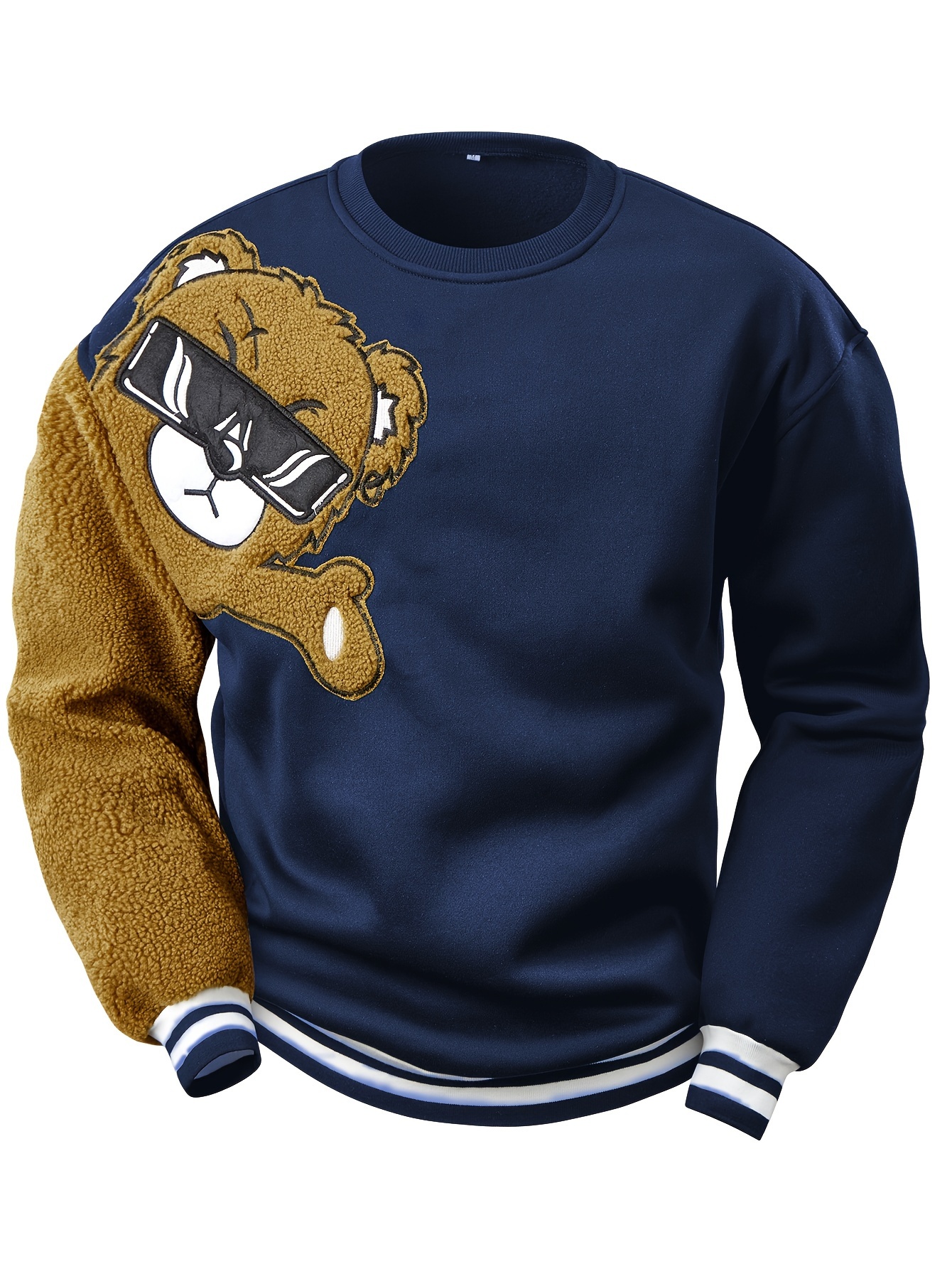 mens cartoon bear embroidery crew neck sweatshirt loose fit sports tops details 0