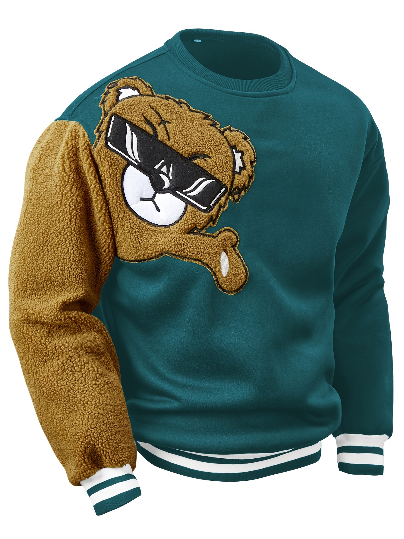 mens cartoon bear embroidery crew neck sweatshirt loose fit sports tops details 10