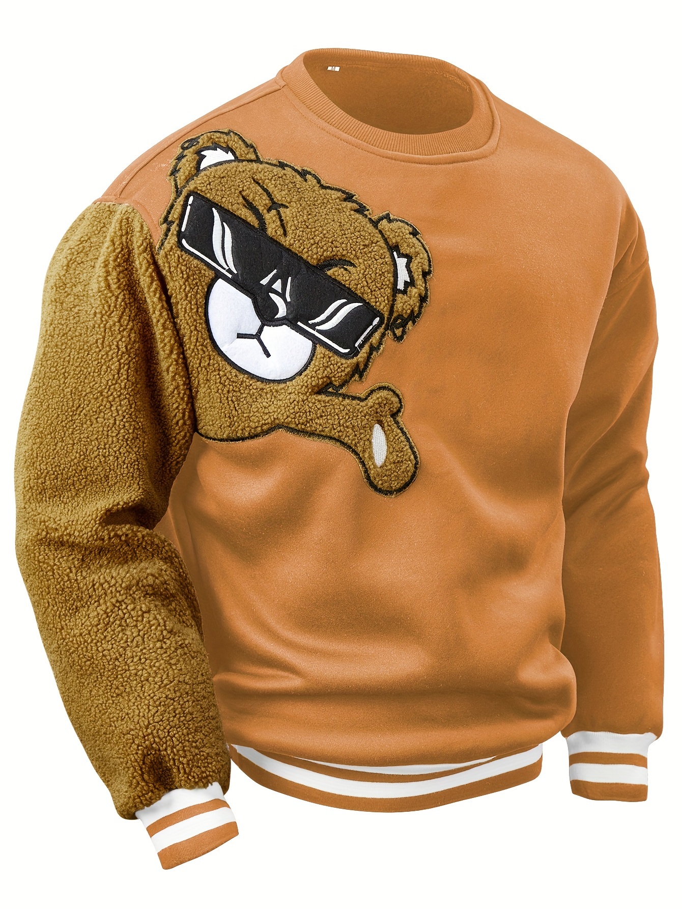 mens cartoon bear embroidery crew neck sweatshirt loose fit sports tops details 28