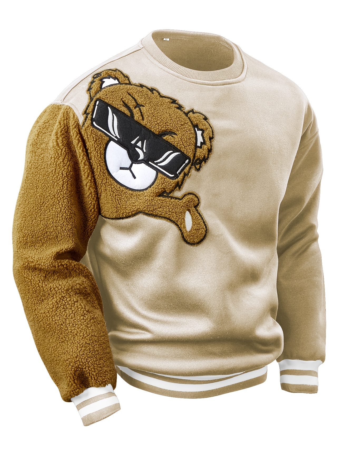 mens cartoon bear embroidery crew neck sweatshirt loose fit sports tops details 34