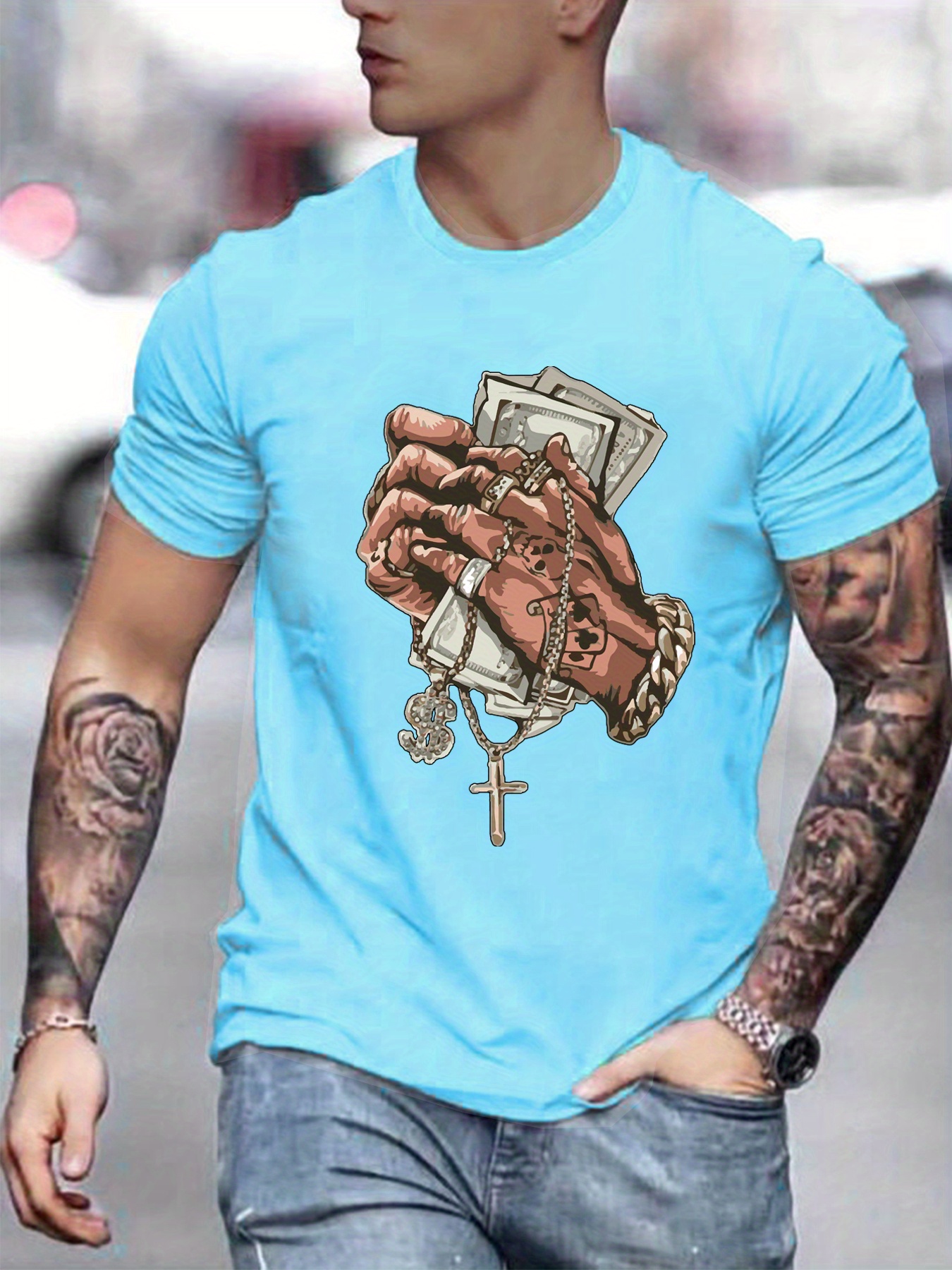 hands money print mens t shirt round neck short sleeve tops patterned t shirt mens summer wear mens clothing details 4