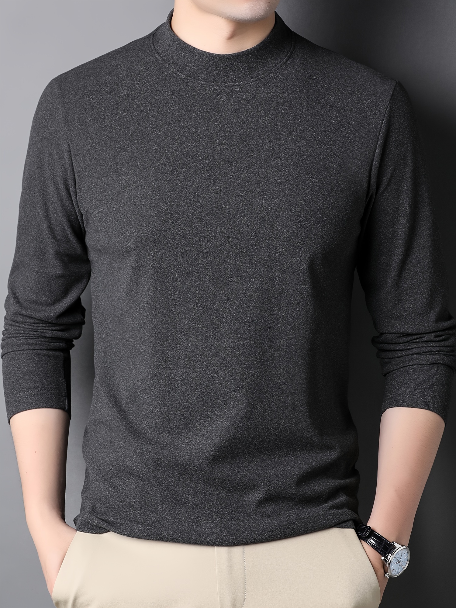 solid mens slim mock neck long sleeve active t shirt tee casual comfy shirts for winter fall mens clothing tops details 7