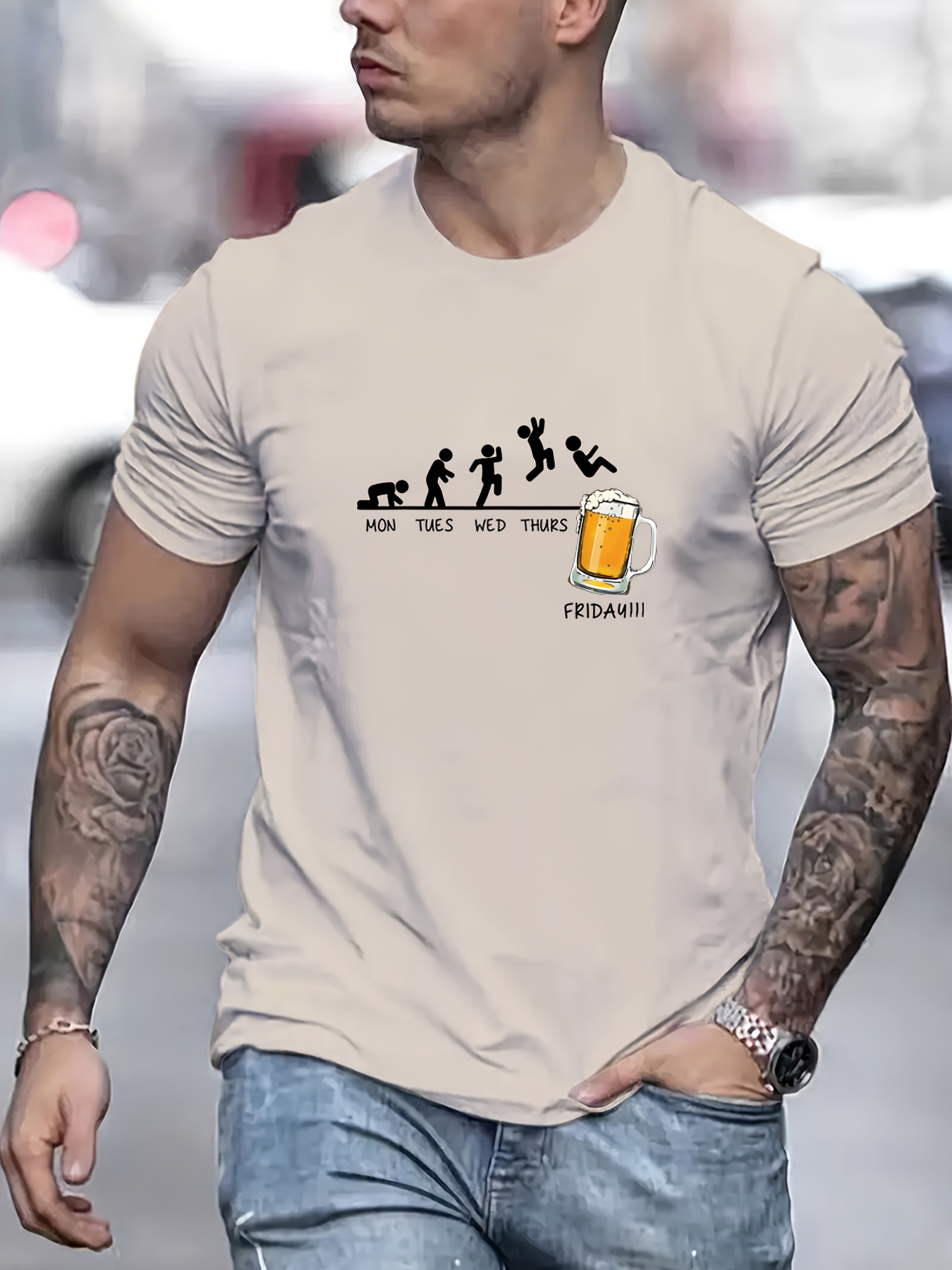 jumping in beer print t shirt mens casual street style stretch round neck tee shirt for summer details 5