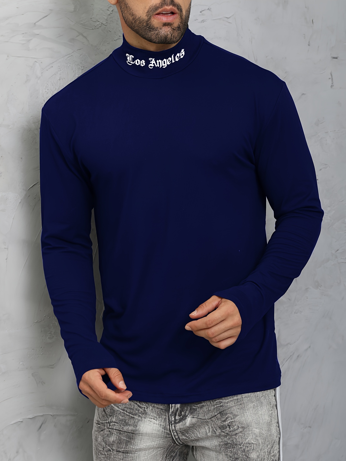 los angeles print mens casual turtleneck long sleeve fit slim t shirt spring fall details 7