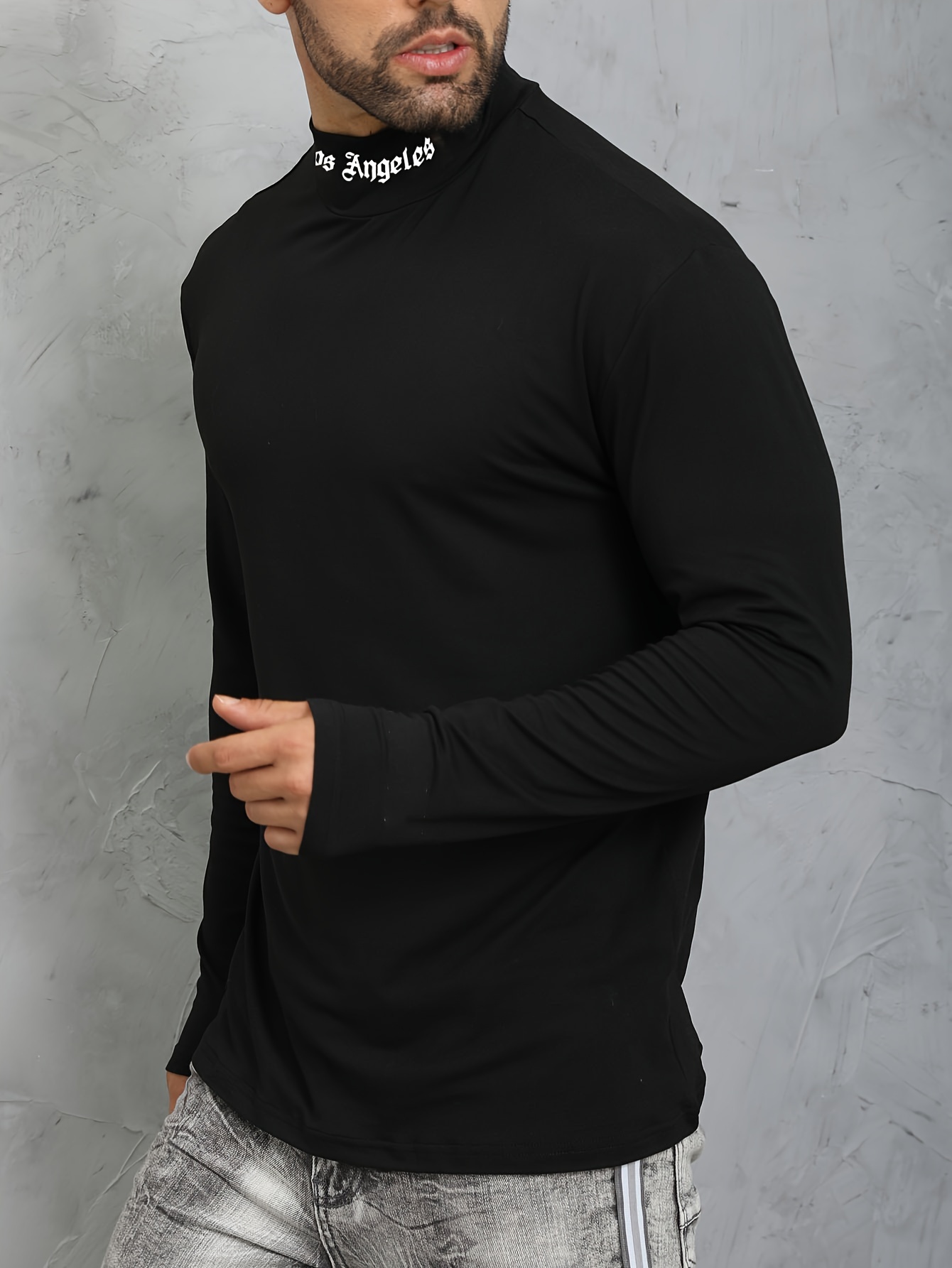 los angeles print mens casual turtleneck long sleeve fit slim t shirt spring fall details 19