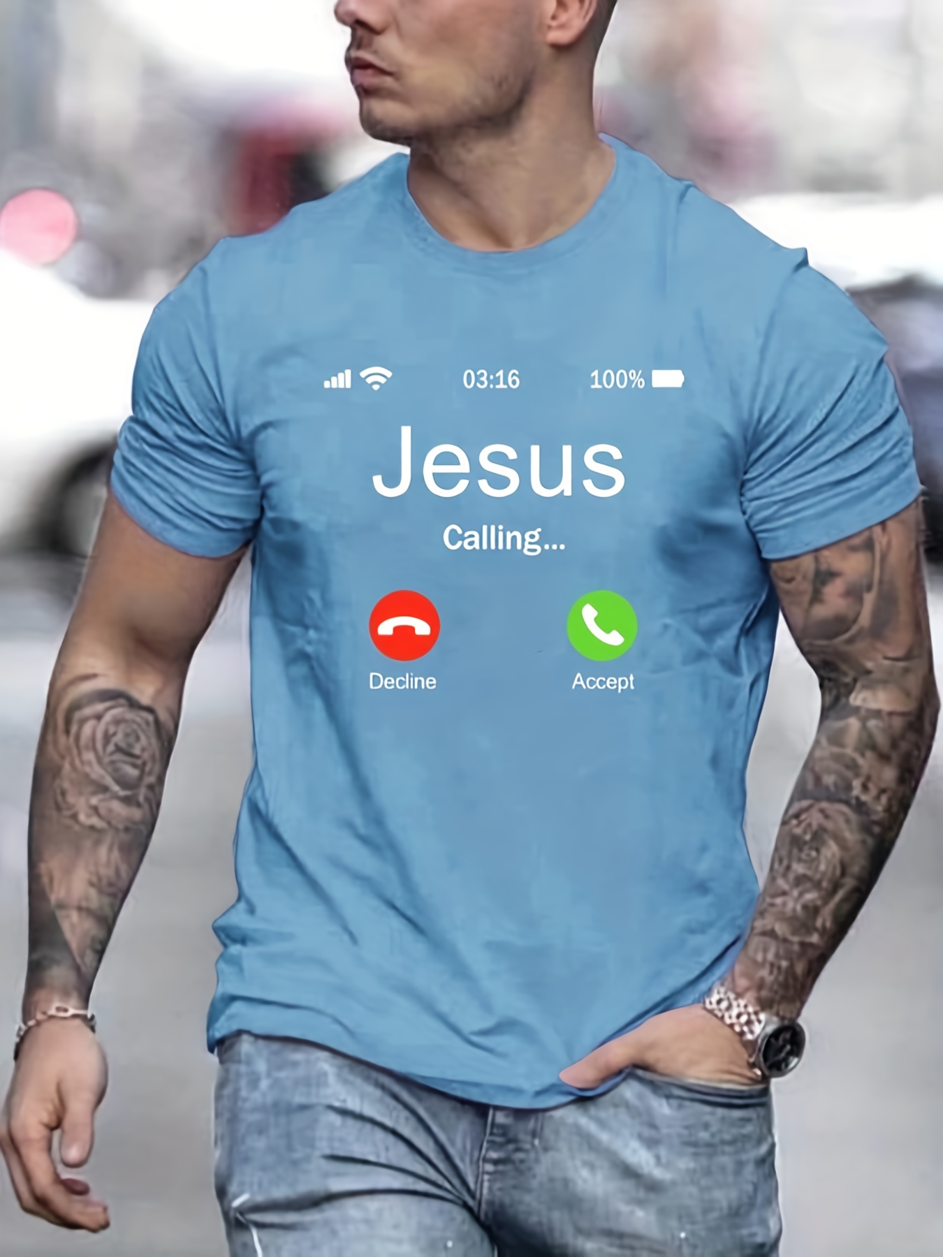 jesus calling pattern print mens comfy t shirt graphic tee mens summer outdoor clothes mens clothing tops for men details 0