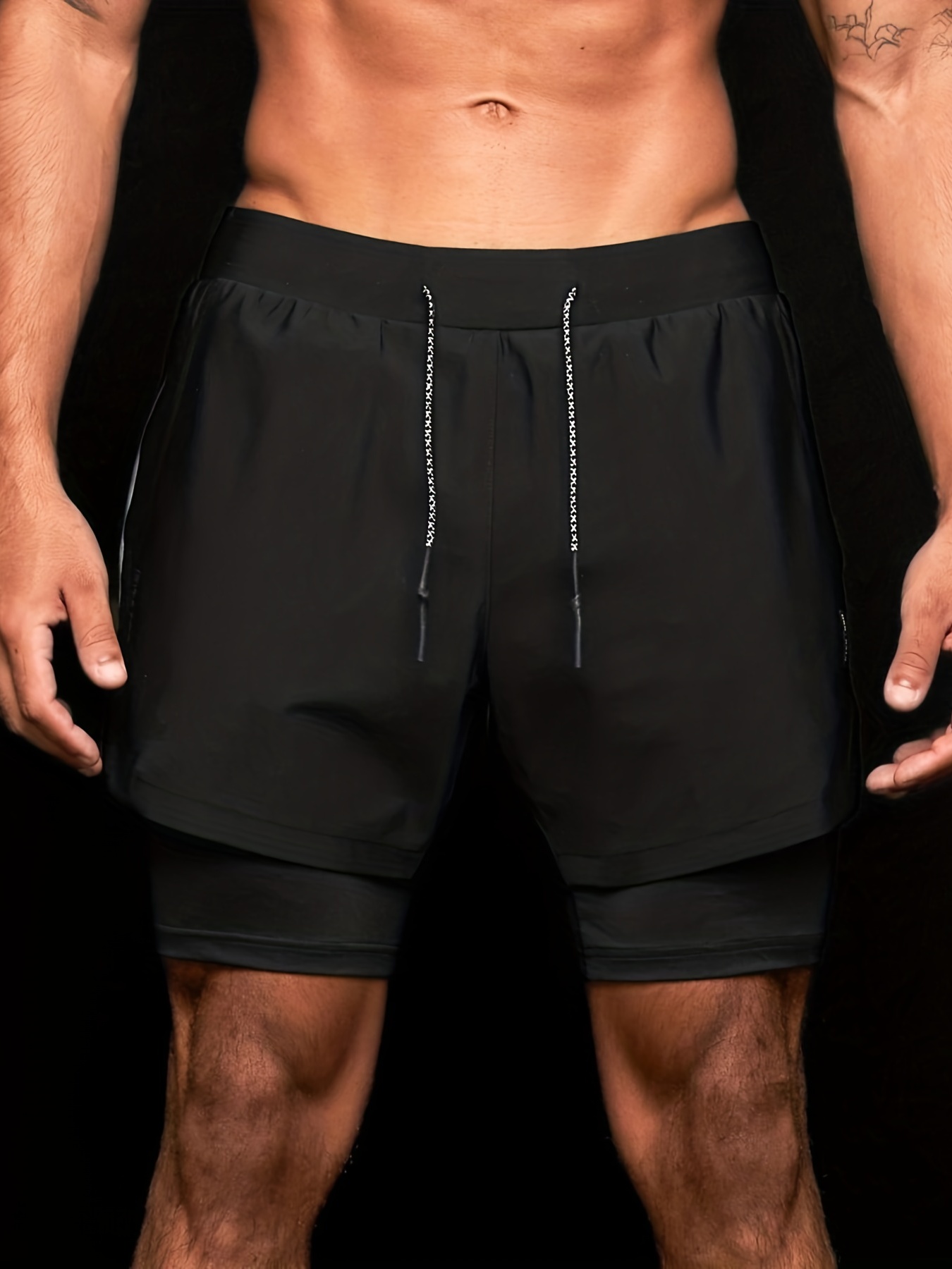 2 in 1 double layer shorts with inner zipper pocket mens high stretch sports shorts for summer gym workout training details 12