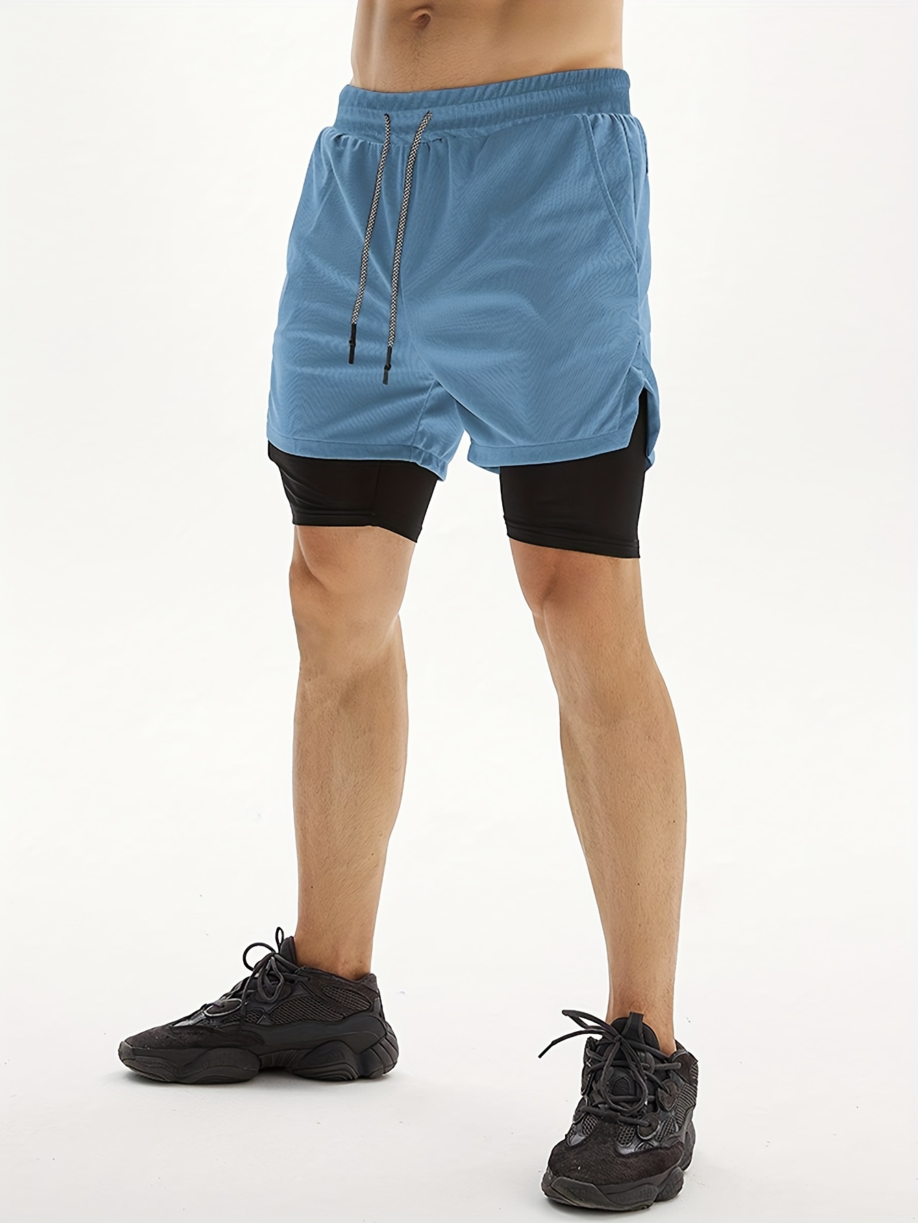 2 in 1 double layer shorts with inner pocket mens mid stretch sports shorts for summer gym workout training details 2