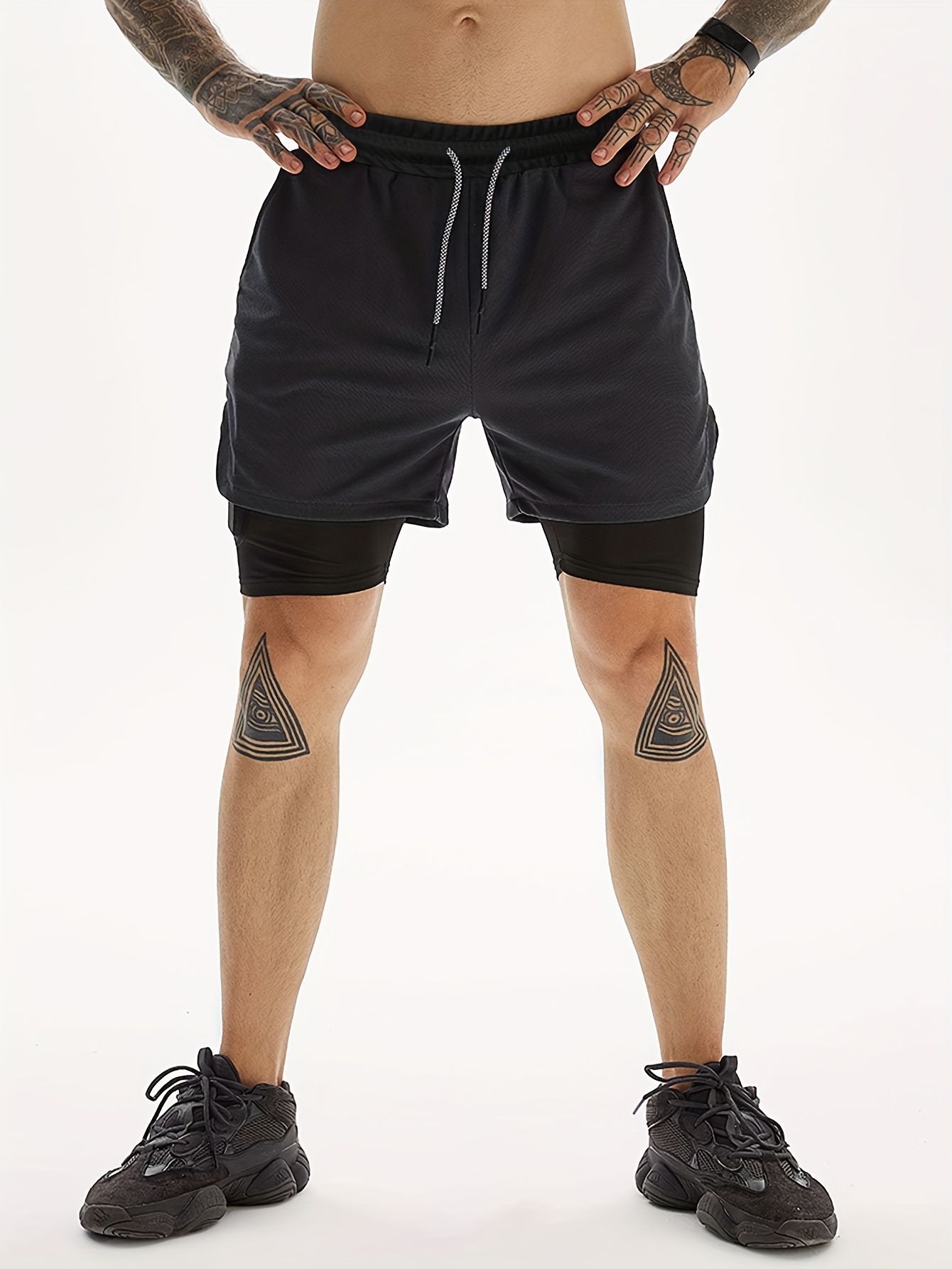 2 in 1 double layer shorts with inner pocket mens mid stretch sports shorts for summer gym workout training details 7