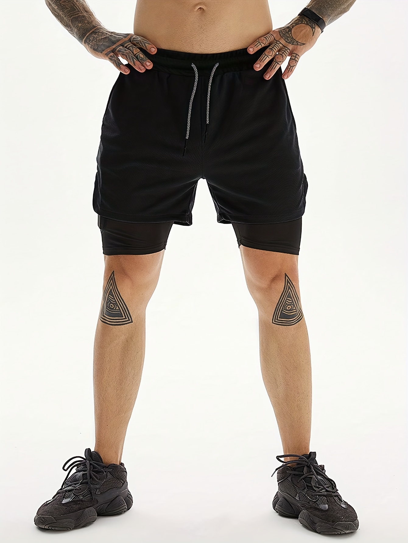 2 in 1 double layer shorts with inner pocket mens mid stretch sports shorts for summer gym workout training details 18