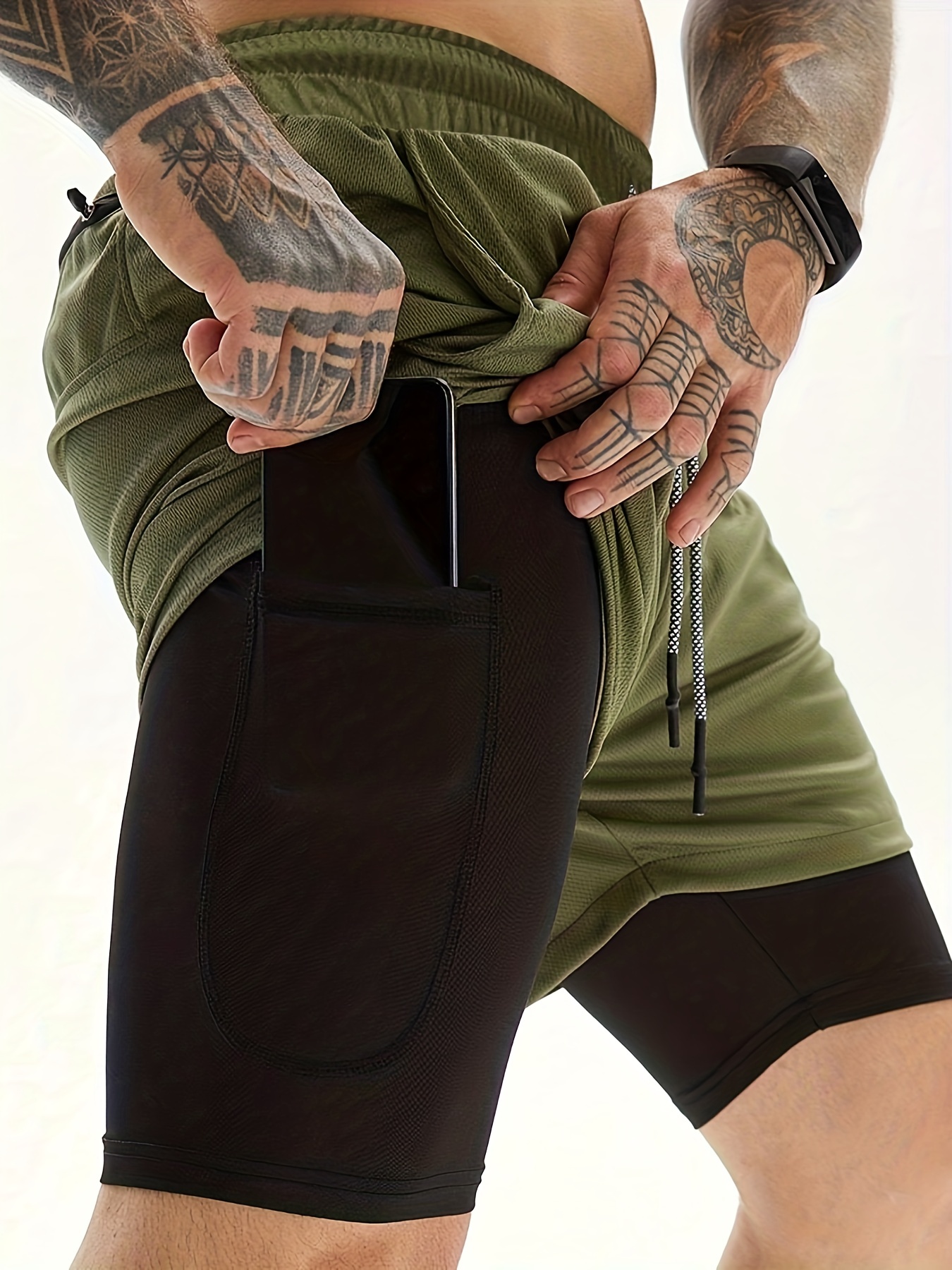 2 in 1 double layer shorts with inner pocket mens mid stretch sports shorts for summer gym workout training details 32