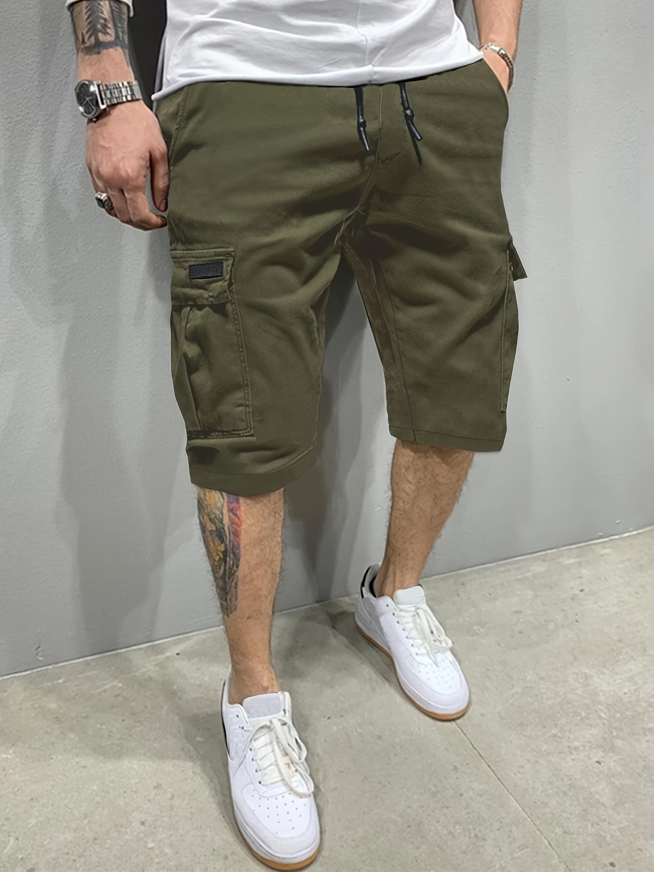 mens stylish loose solid cargo shorts with pockets active breathable comfy drawstring shorts for hiking jogging cycling outdoor fitness workout details 15