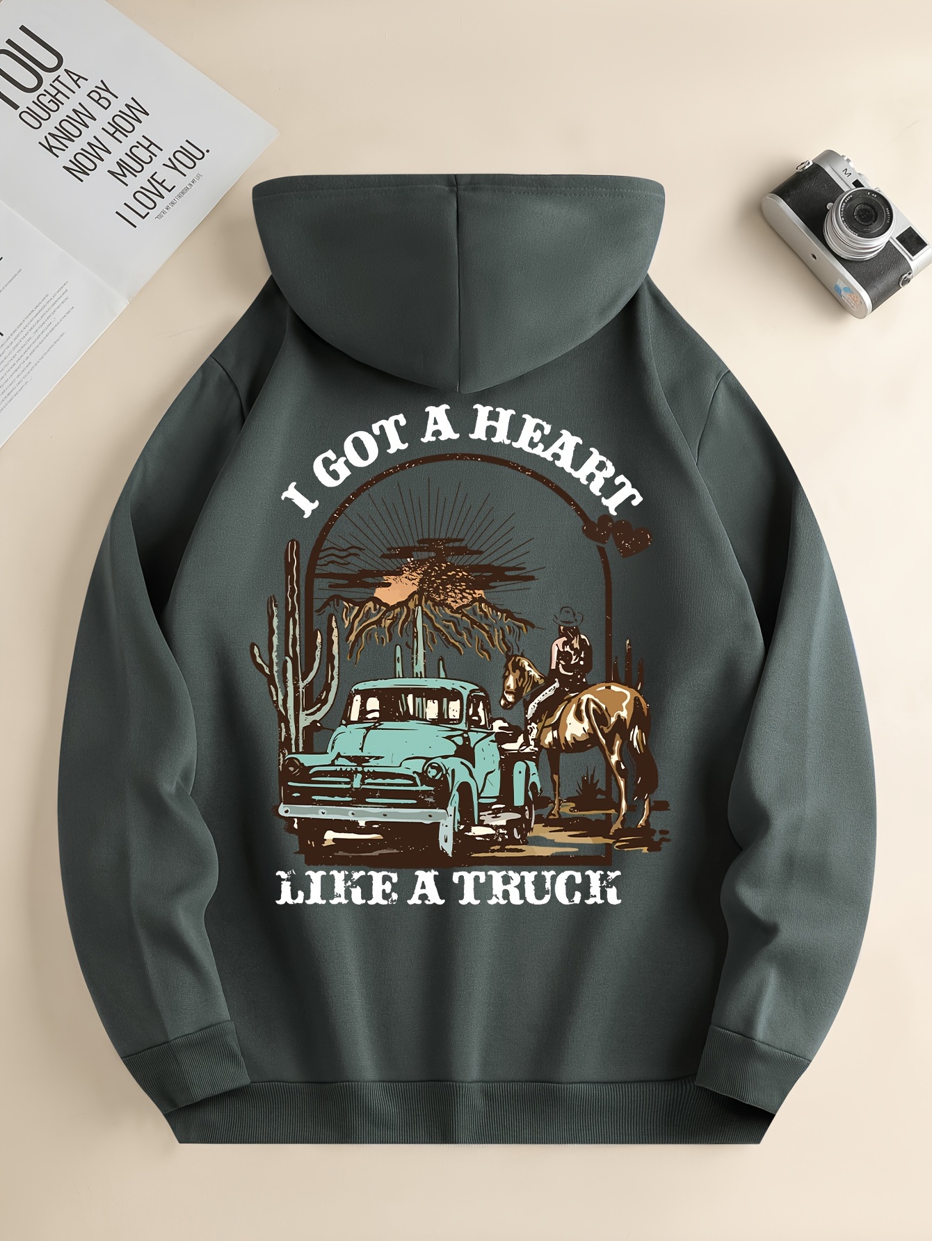 i got a heart like a truck cowboy riding horse print mens cool streetwear hoodies casual loose hooded pullover with kangaroo pockets crew neck sweatshirt for men for fall and winter as gifts details 0