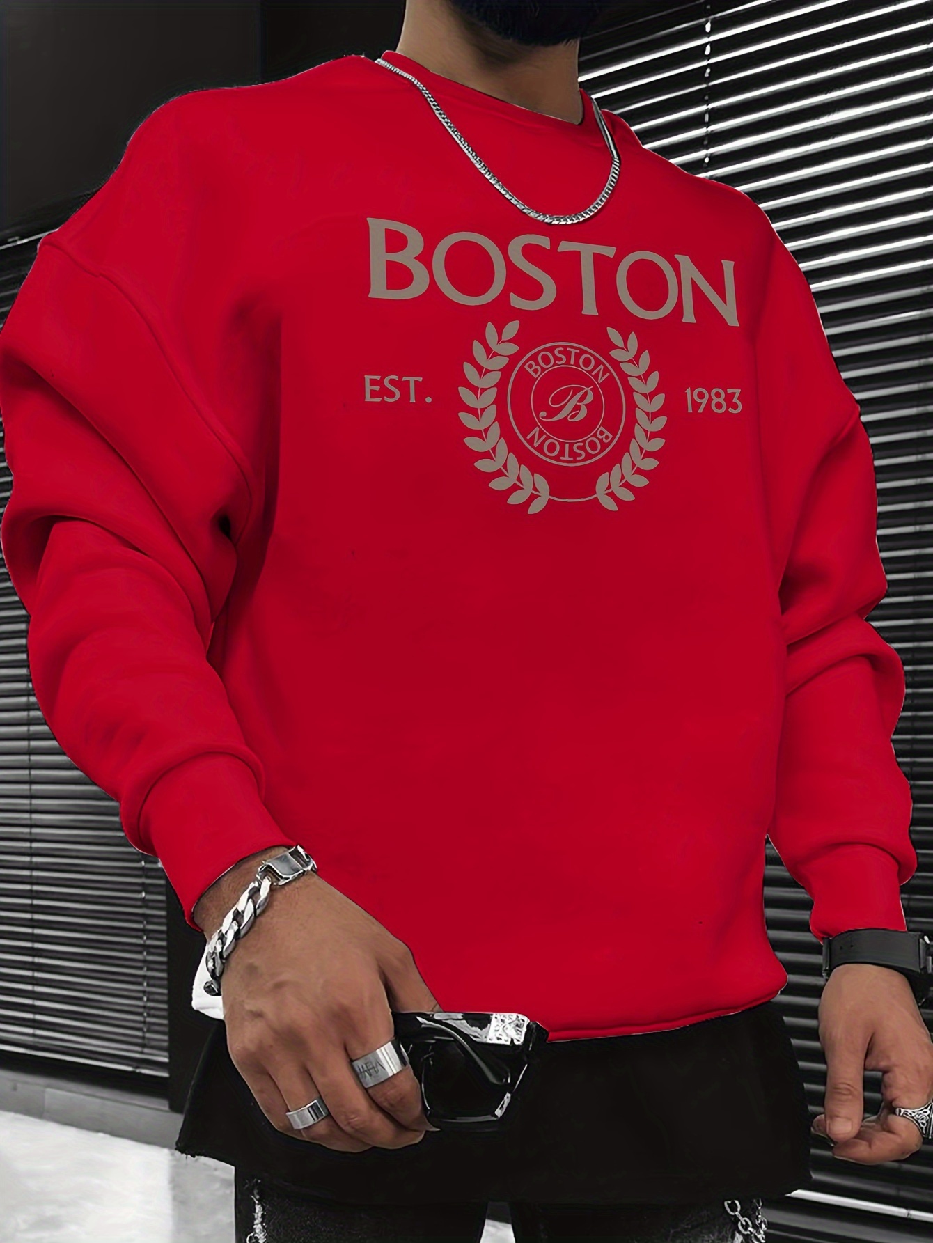 mens pullover round neck long sleeve sweatshirt letter boston pattern casual top for autumn winter mens clothing details 3