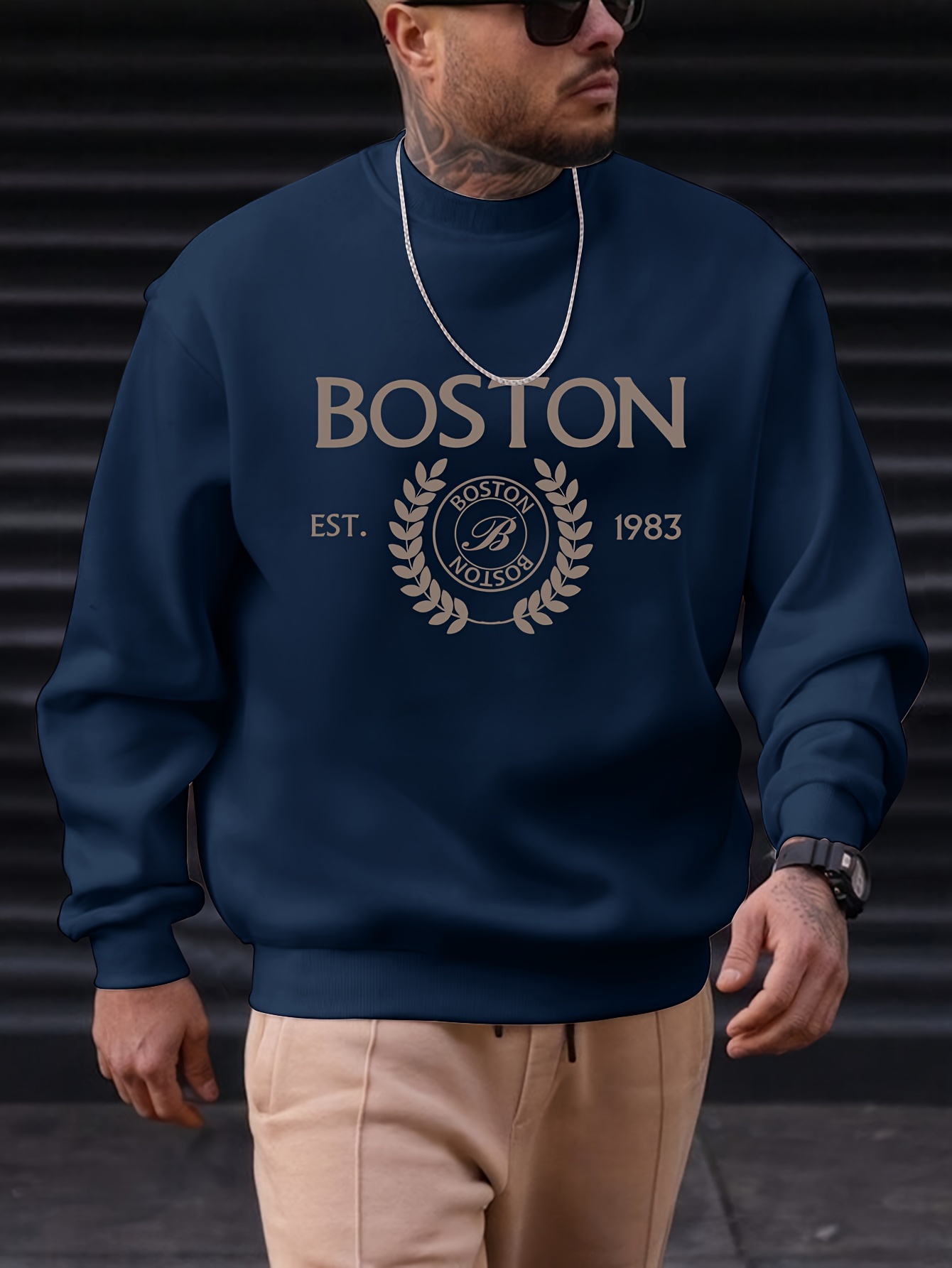 mens pullover round neck long sleeve sweatshirt letter boston pattern casual top for autumn winter mens clothing details 6