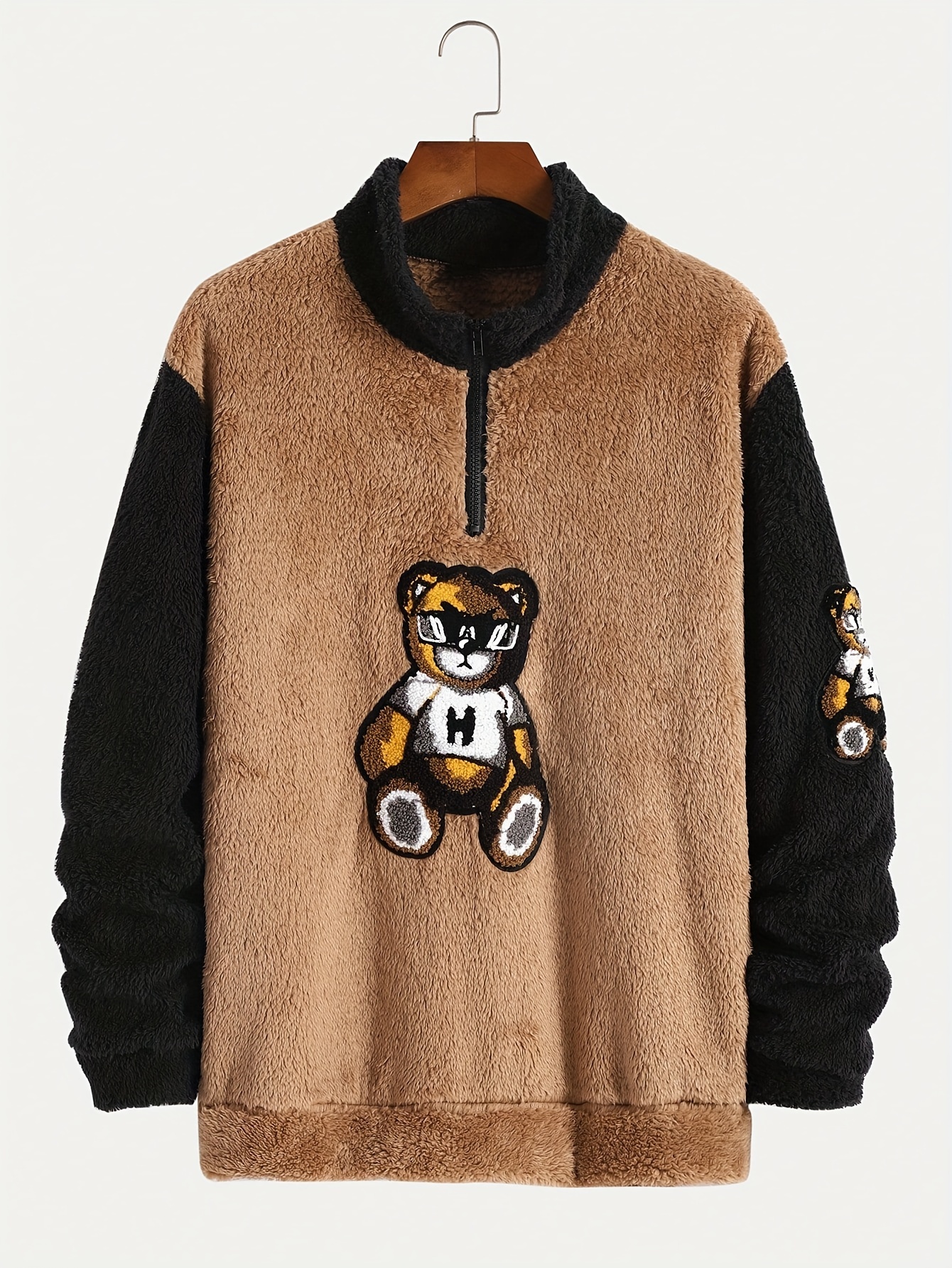 mens color block fuzzy bear pattern sweatshirt half zip stand collar warm pullover for autumn winter details 0