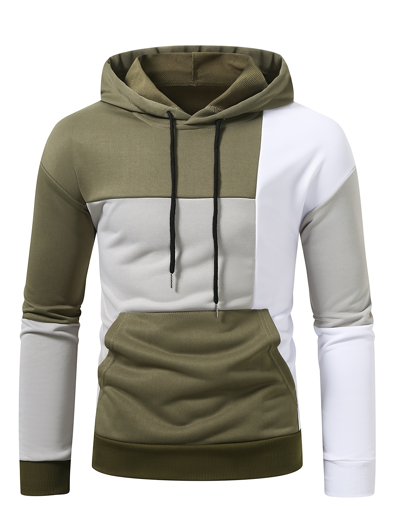 patchwork color block hoodie with kangaroo pocket mens casual solid color slightly stretch drawstring pullover hooded sweatshirt for spring fall details 15