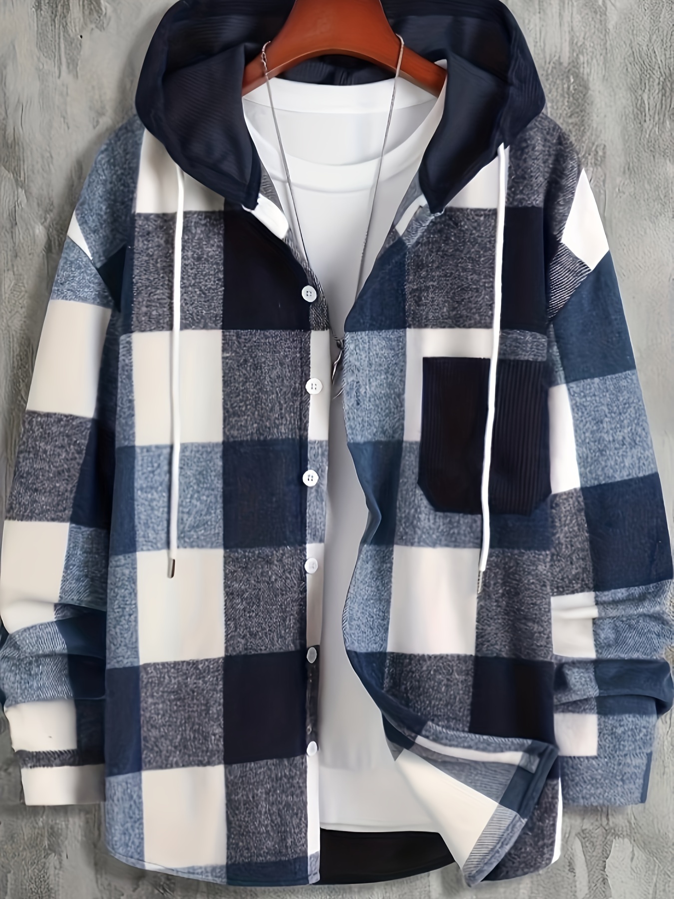 mens retro plaid hooded shirt jacket details 0