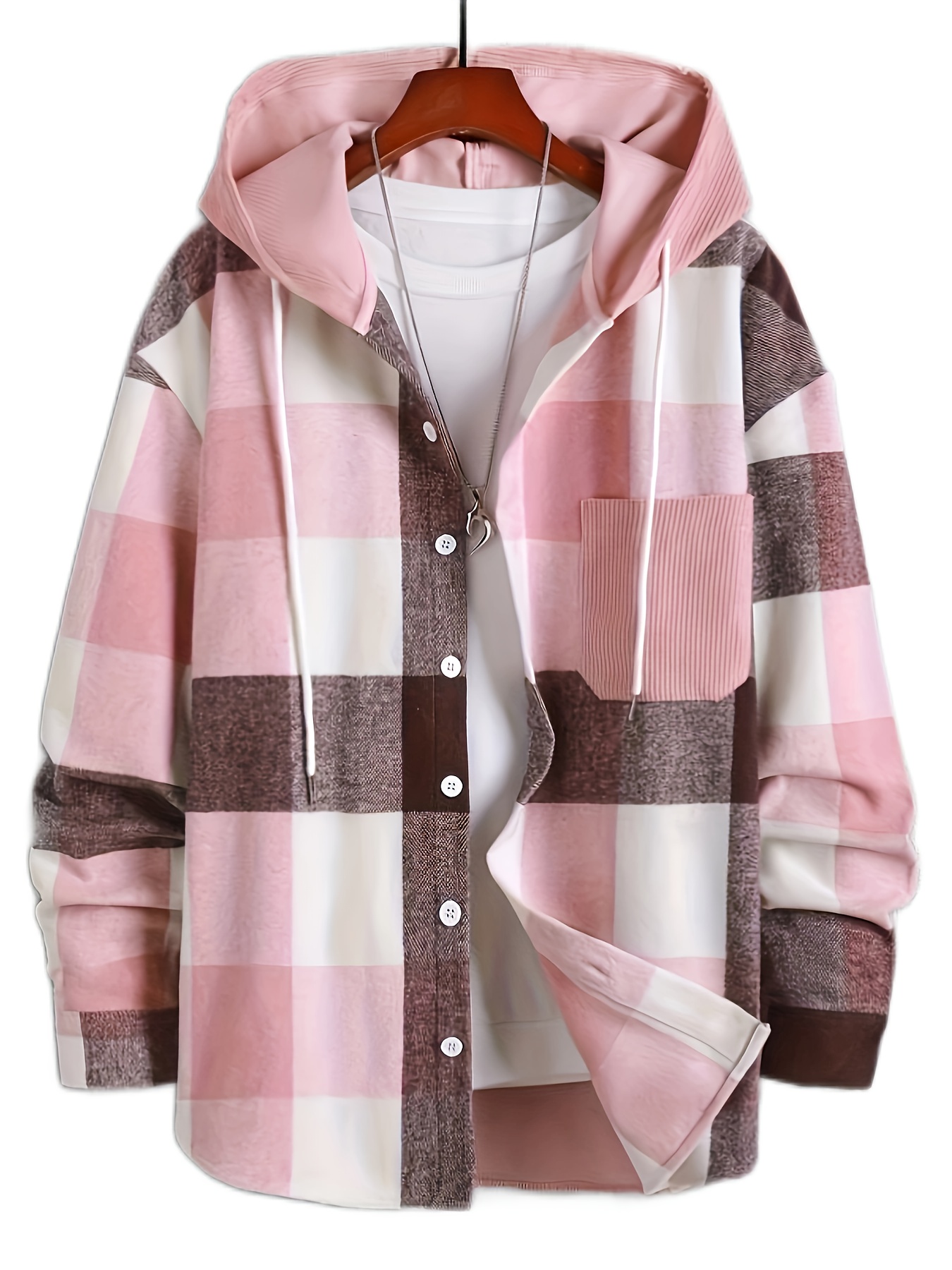 mens retro plaid hooded shirt jacket details 5