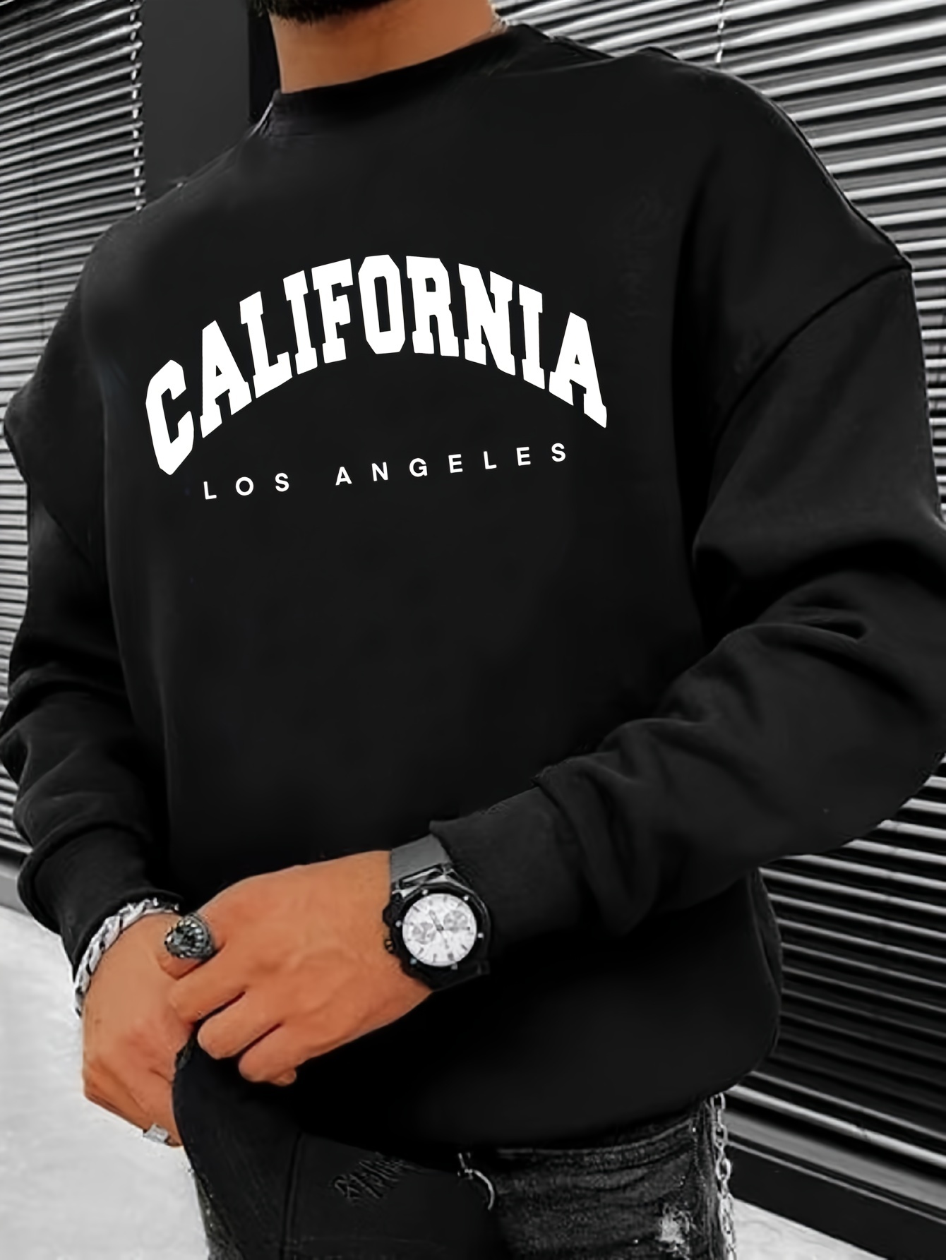 california print trendy sweatshirt mens casual graphic design slightly stretch crew neck pullover sweatshirt for autumn winter details 6